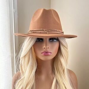 Boho Western Gold Feather Charms Rancher Fedora Brown Hat  NWOT